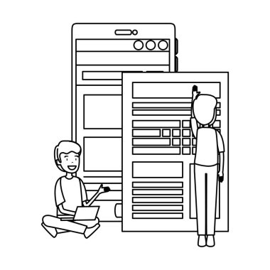 işadamı dizüstü akıllı telefon vektör çizim tasarım ile kullanma
