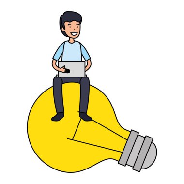 Dizüstü vektör çizim tasarım kullanarak ampul içinde oturan işadamı