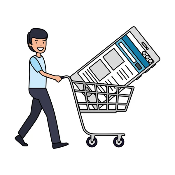 Affärsman Med Smartphone Shopping Cart Vektor Illustration Design — Stock vektor