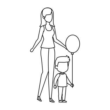 Anne ile oğlu ve balon helyum vektör çizim tasarım