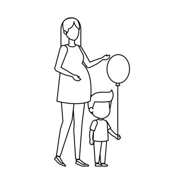 kadın gebelik ile oğlu ve balon helyum vektör çizim tasarım