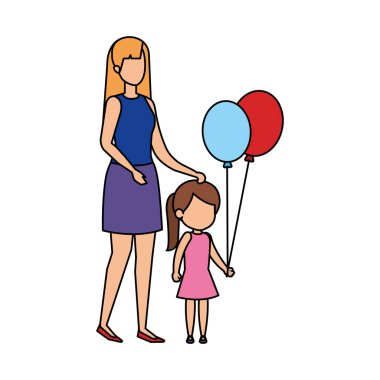 Anne ile kızı ve balon helyum vektör çizim tasarım