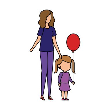 Anne ile kızı ve balon helyum vektör çizim tasarım