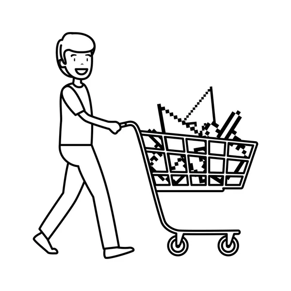 Man Shopping Cart Arrows Mouse Pointers Vector Illustration Design — Stock Vector