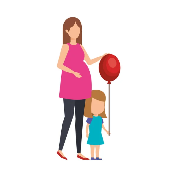 Kvinna Graviditet Med Dotter Och Ballong Helium Vektor Illustration — Stock vektor