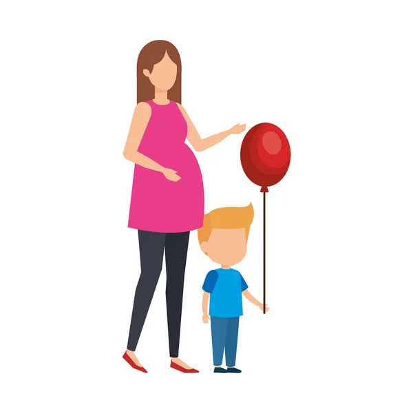 妇女怀孕与儿子和气球氦载体例证设计 — 图库矢量图片