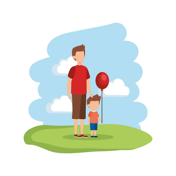 Père Avec Fils Ballons Hélium Vecteur Illustration Design — Image vectorielle