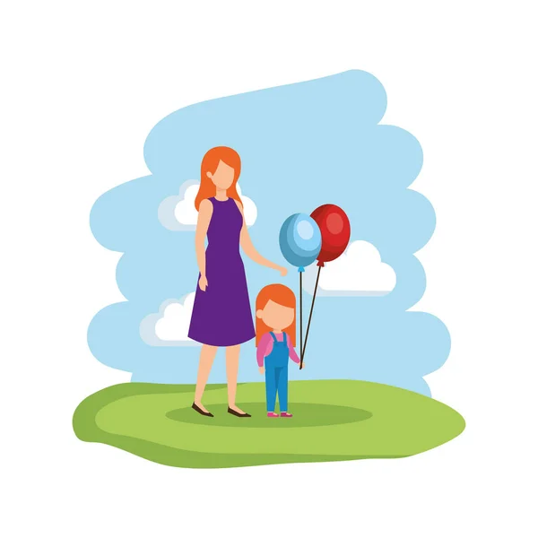 Mutter Mit Tochter Und Ballon Helium Vektor Illustration Design — Stockvektor