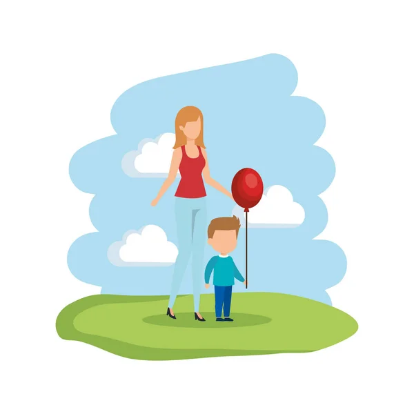 Madre Con Hijo Globo Helio Vector Ilustración Diseño — Archivo Imágenes Vectoriales