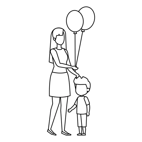 Mãe Com Filho Balão Desenho Ilustração Vetor Hélio — Vetor de Stock