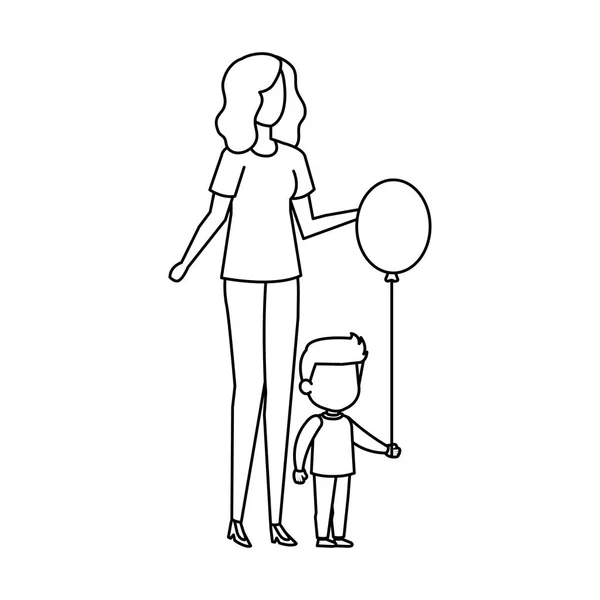 Mutter Mit Sohn Und Ballon Helium Vektor Illustration Design — Stockvektor
