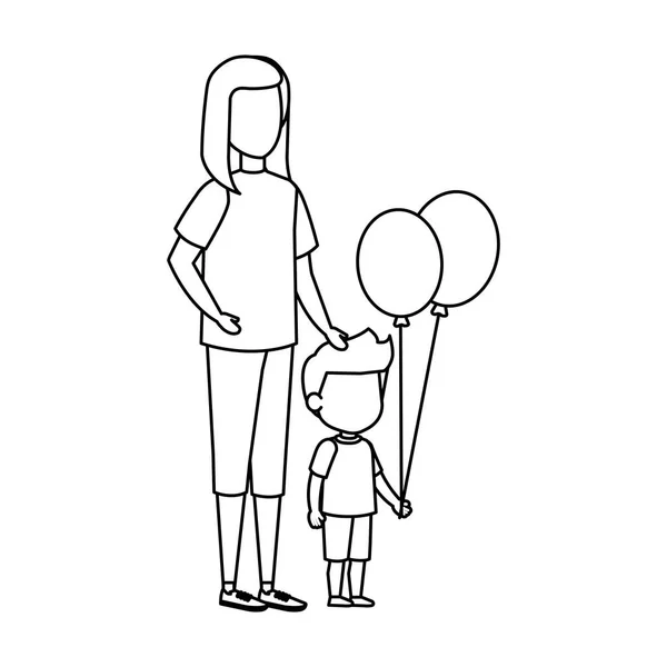 Mãe Com Filho Balão Desenho Ilustração Vetor Hélio —  Vetores de Stock