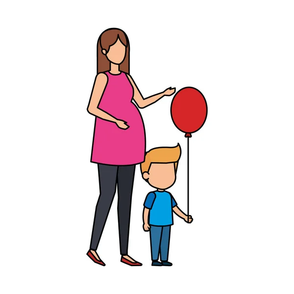 妇女怀孕与儿子和气球氦载体例证设计 — 图库矢量图片