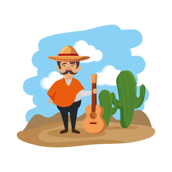 Hombre mexicano tradicional con sombrero y guitarra — Vector de stock