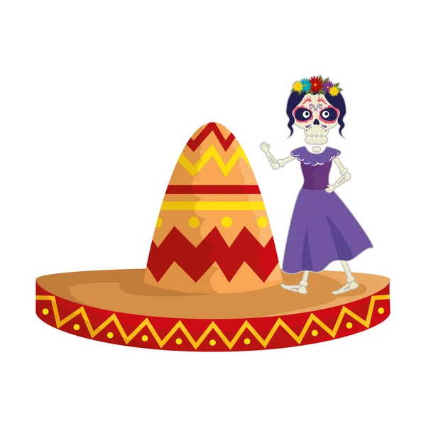 Esqueleto de katrina con carácter de sombrero mexicano — Archivo Imágenes Vectoriales