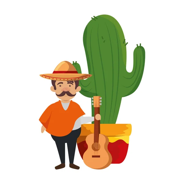 Hombre mexicano tradicional con sombrero y guitarra — Vector de stock