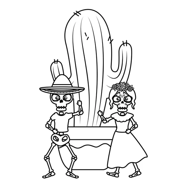 A katrina és a kaktusz mariachi csontváza — Stock Vector