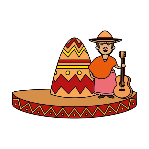 Mujer mexicana tradicional con guitarra y sombrero — Vector de stock
