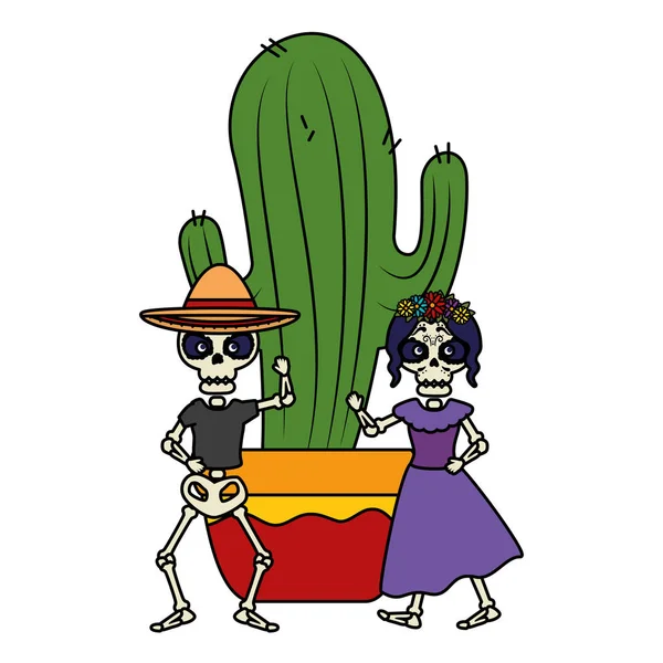 Squelette de katrina et mariachi avec cactus — Image vectorielle