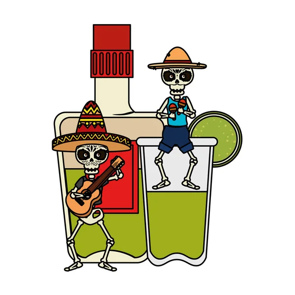 Esqueletos mexicanos orquestra musical e tequila bebida — Vetor de Stock