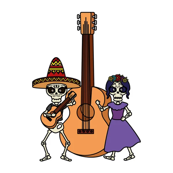 Esqueleto de katrina e mariachi com guitarra —  Vetores de Stock
