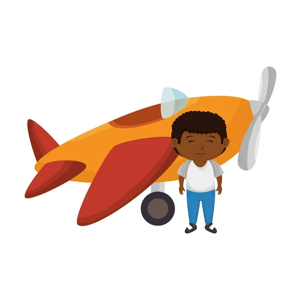 Liten svart pojke med flygplan leksak — Stock vektor