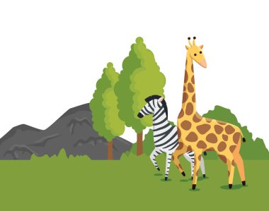 Zebra ve zürafa vahşi animls Doğa Ağaçlar ile