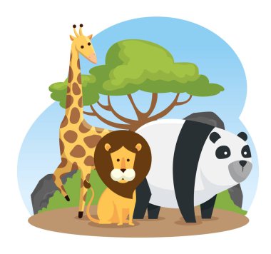 aslan ve panda vahşi hayvanlarla zürafa