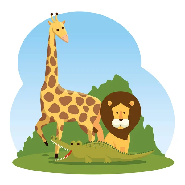 Žirafa s lev a krokodýl divoká zvířata — Stockový vektor