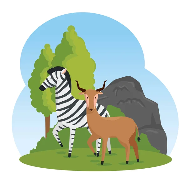 Cebra y ciervos animales salvajes con árboles — Vector de stock