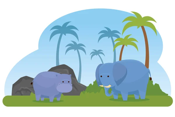 Hippopotamus and elephant wild animals with palms Royalty Free Stock Illustrations