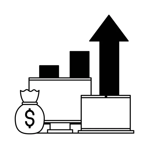 Komputer laptop pieniędzy torby wykresu — Wektor stockowy