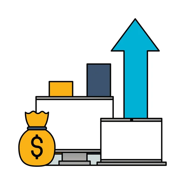 Computer laptop money bag chart — Stock Vector