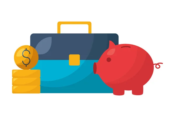 Business suitcase piggy and coins — Stock Vector