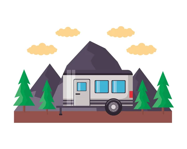 Camper trailer mountains trees — Stock Vector
