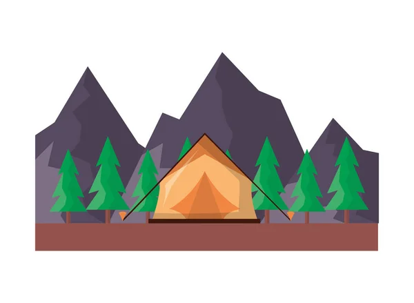 Tente camping arbres et montagnes — Image vectorielle