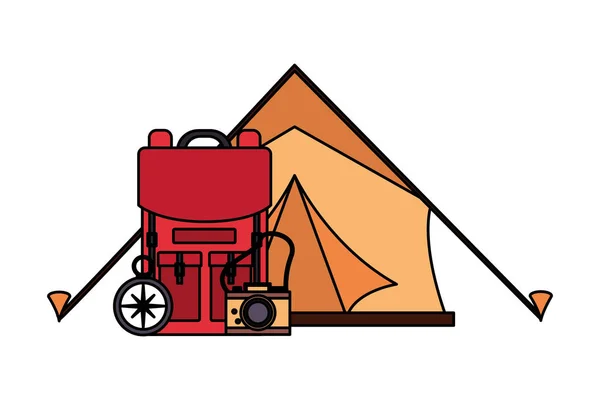 Sátor hátizsákban fényképezőgép iránytű, camping — Stock Vector