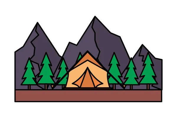 Tente camping arbres et montagnes — Image vectorielle