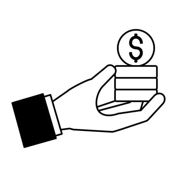 Hand innehav staplade dollar mynt — Stock vektor