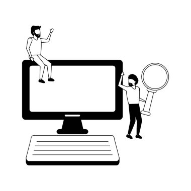 iş erkekler bilgisayar ve büyüteç vektör çizim