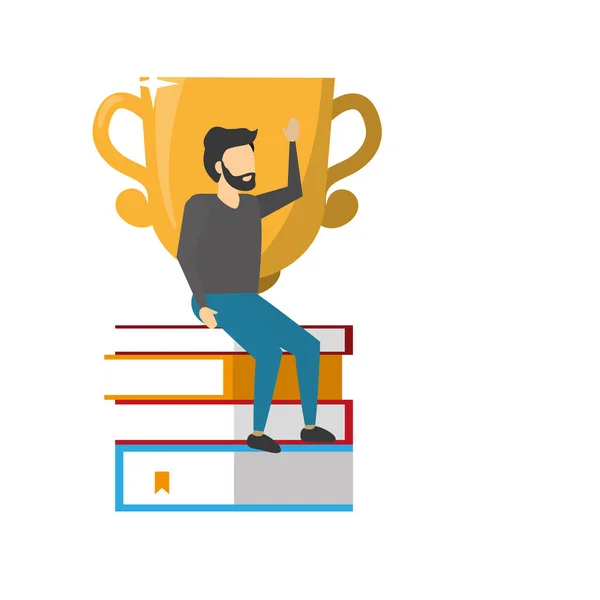Man sitting books pile with trophy — Stock Vector