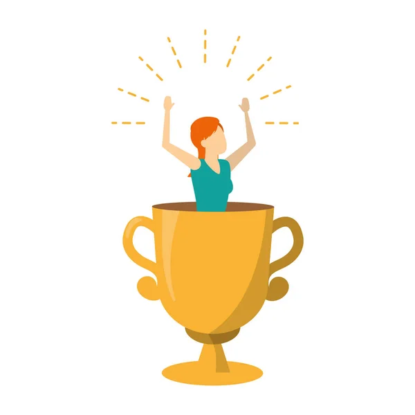 Перемога жінка бізнес трофей — стоковий вектор