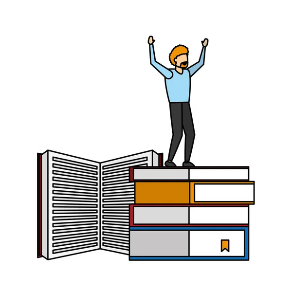 Winning man standing on stack books — Stock Vector