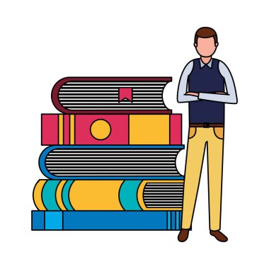 adam yığılmış kitaplarla