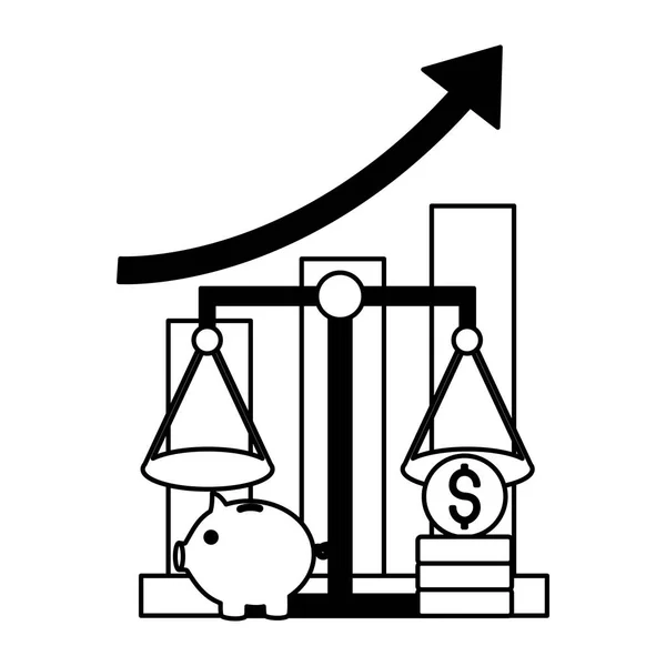 Gráfico informe alcancía monedas mercado de valores — Vector de stock