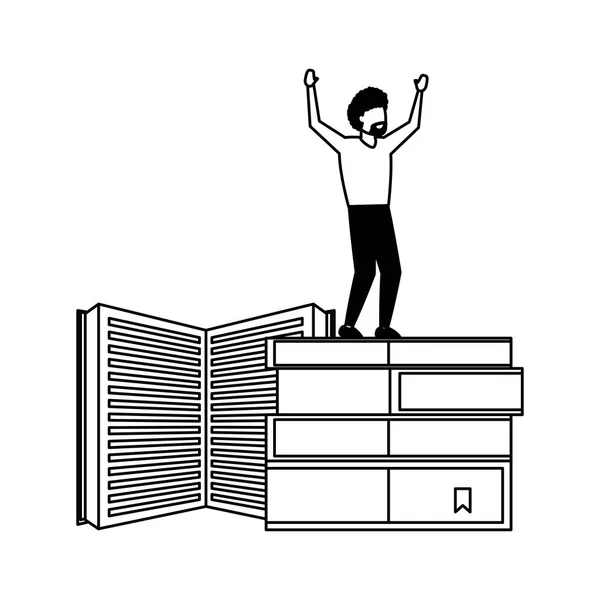 Winning man standing on stack books — Stock Vector