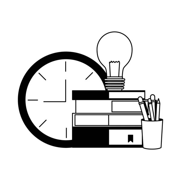 Knihy skládaný žárovka hodiny a penclis — Stockový vektor