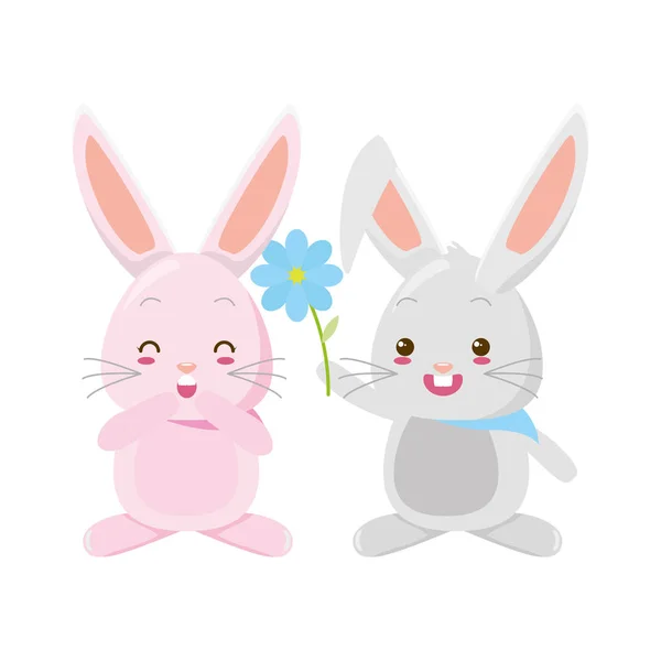 Милая пара кроликов с цветами — стоковый вектор