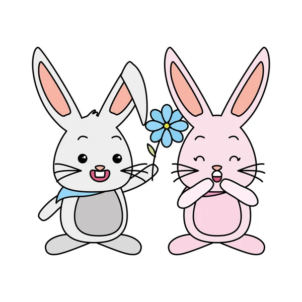 Cute couple rabbits with flower — Stock Vector