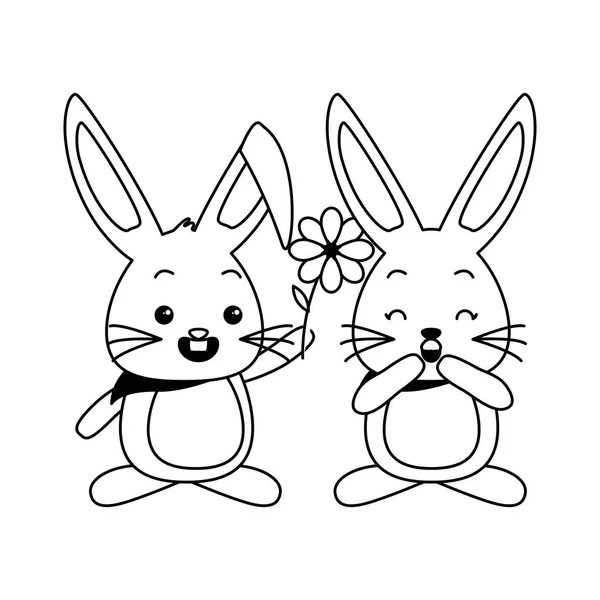 Roztomilý pár králíků s květinou — Stockový vektor
